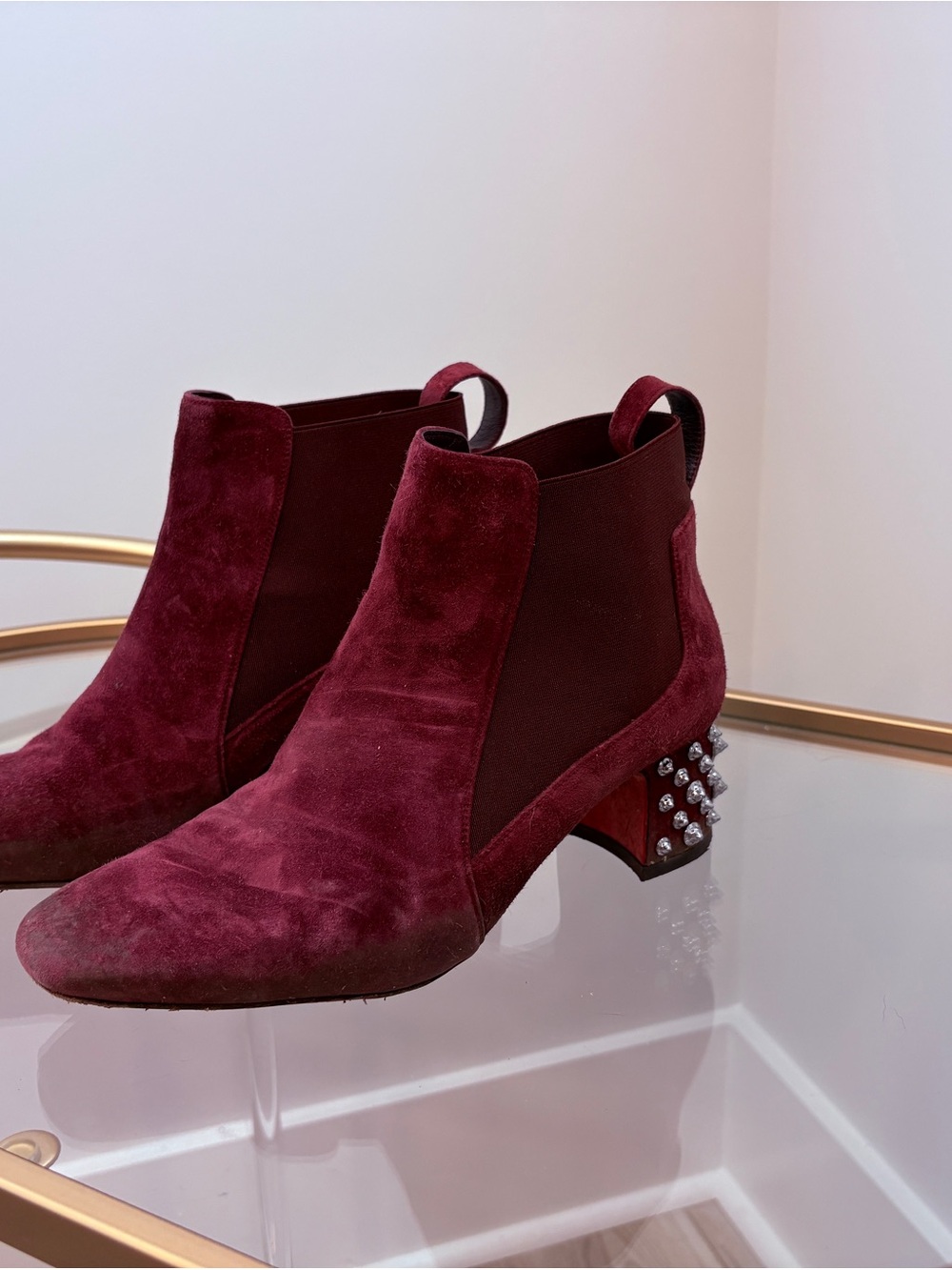 Christian Louboutin Burgundy Suede Chelsea Boot with Studded Heel